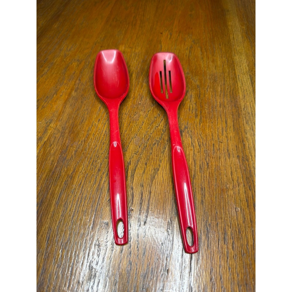 Vintage Foley Red Nylon Plastic Slotted and‎ Serving Spoon Set